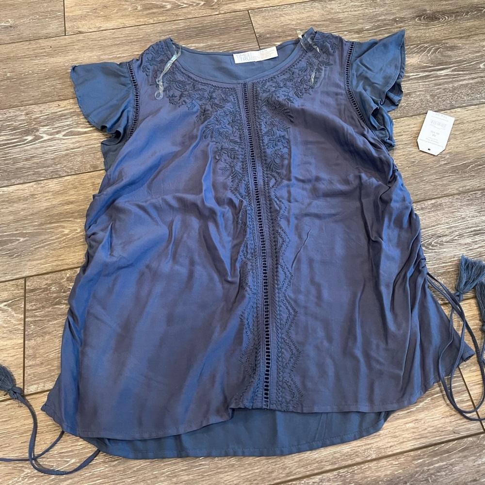 Blue Ruffle Scrunch Side Tie Tank Blouse Top